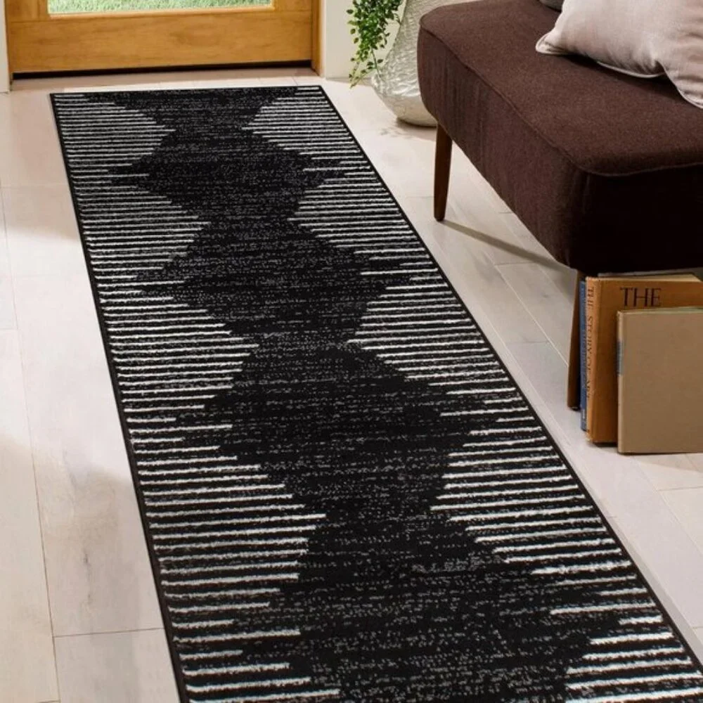 New 2 x 7In Bohemian Stripe Runner Rug, Stain-Resistant for High Traffic Areas